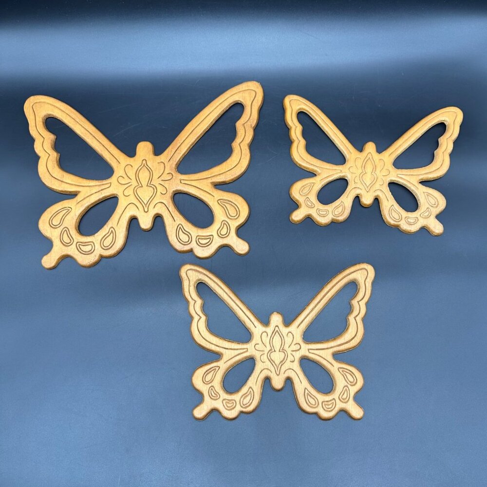 Vintage Butterfly Wooden Wall Hangings 1970s Retro Brown Boho Decor 3 Pieces - Picture 2 of 9